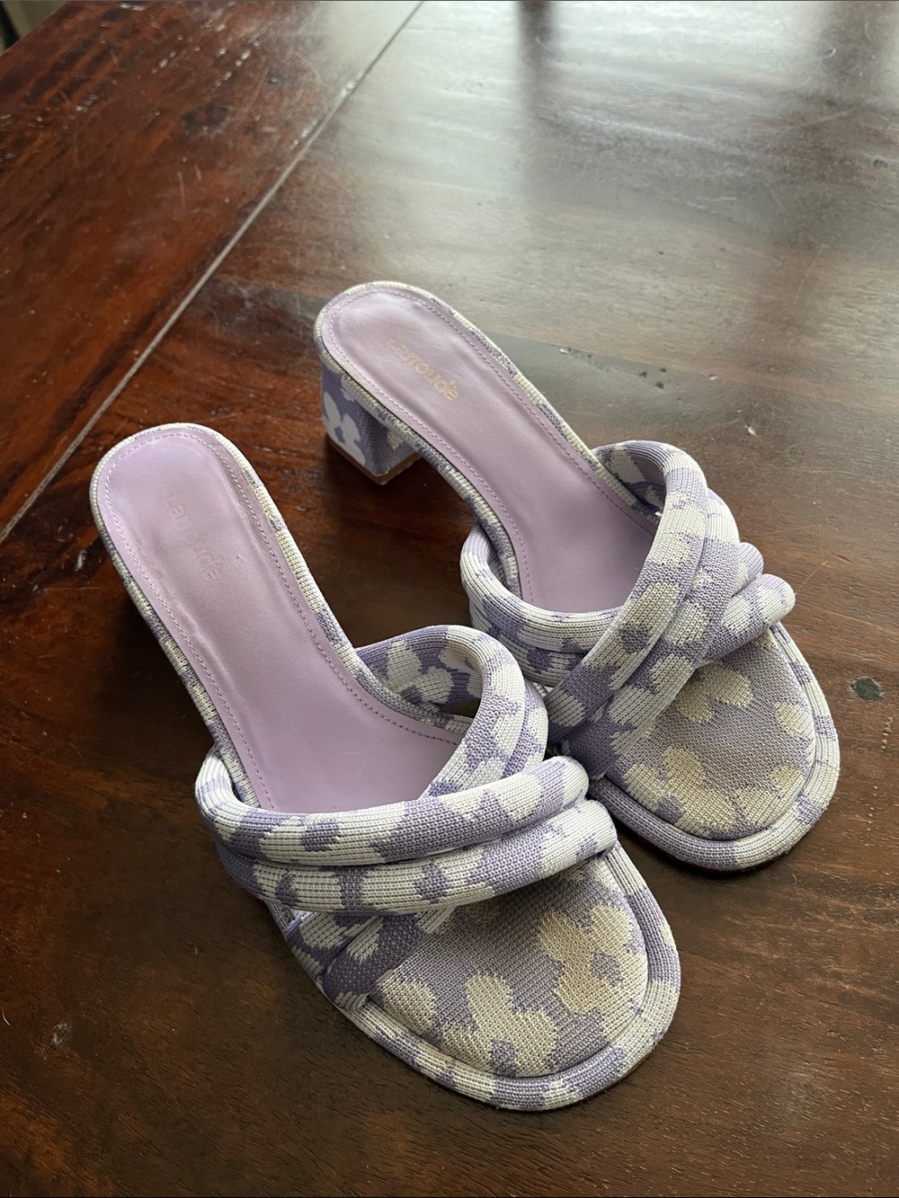 Larroude Lavender and Cream Floral Knot Slide Heels - Women